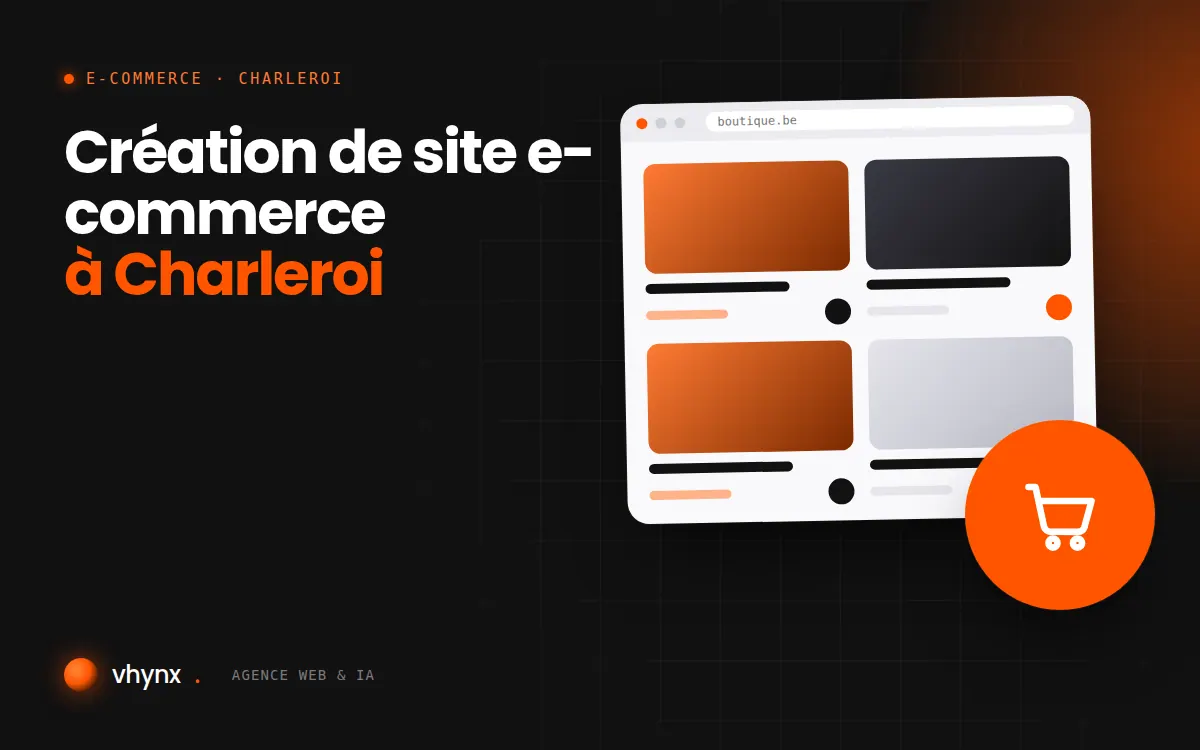 Création de site e-commerce à Charleroi : illustration Vhynx d'une boutique en ligne avec fiches produits et panier