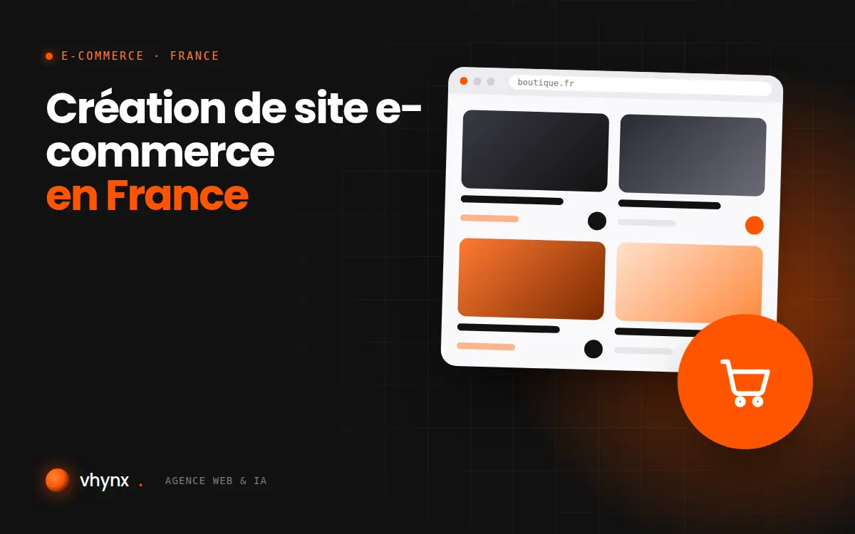 Création de site e-commerce en France : illustration Vhynx d'une boutique en ligne avec fiches produits et panier