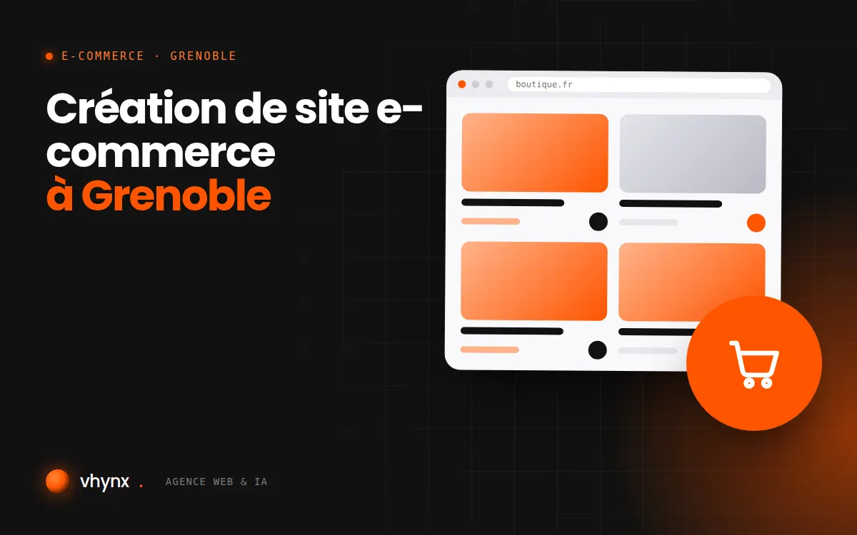 Création de site e-commerce à Grenoble : illustration Vhynx d'une boutique en ligne avec fiches produits et panier