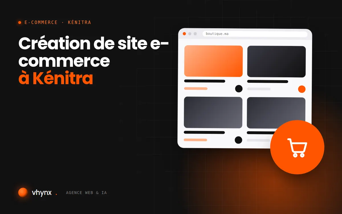 Création de site e-commerce à Kénitra : illustration Vhynx d'une boutique en ligne avec fiches produits et panier