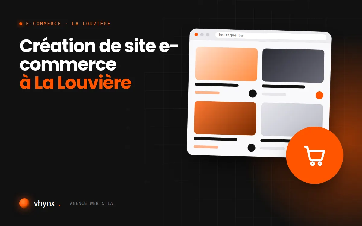 Création de site e-commerce à La Louvière : illustration Vhynx d'une boutique en ligne avec fiches produits et panier
