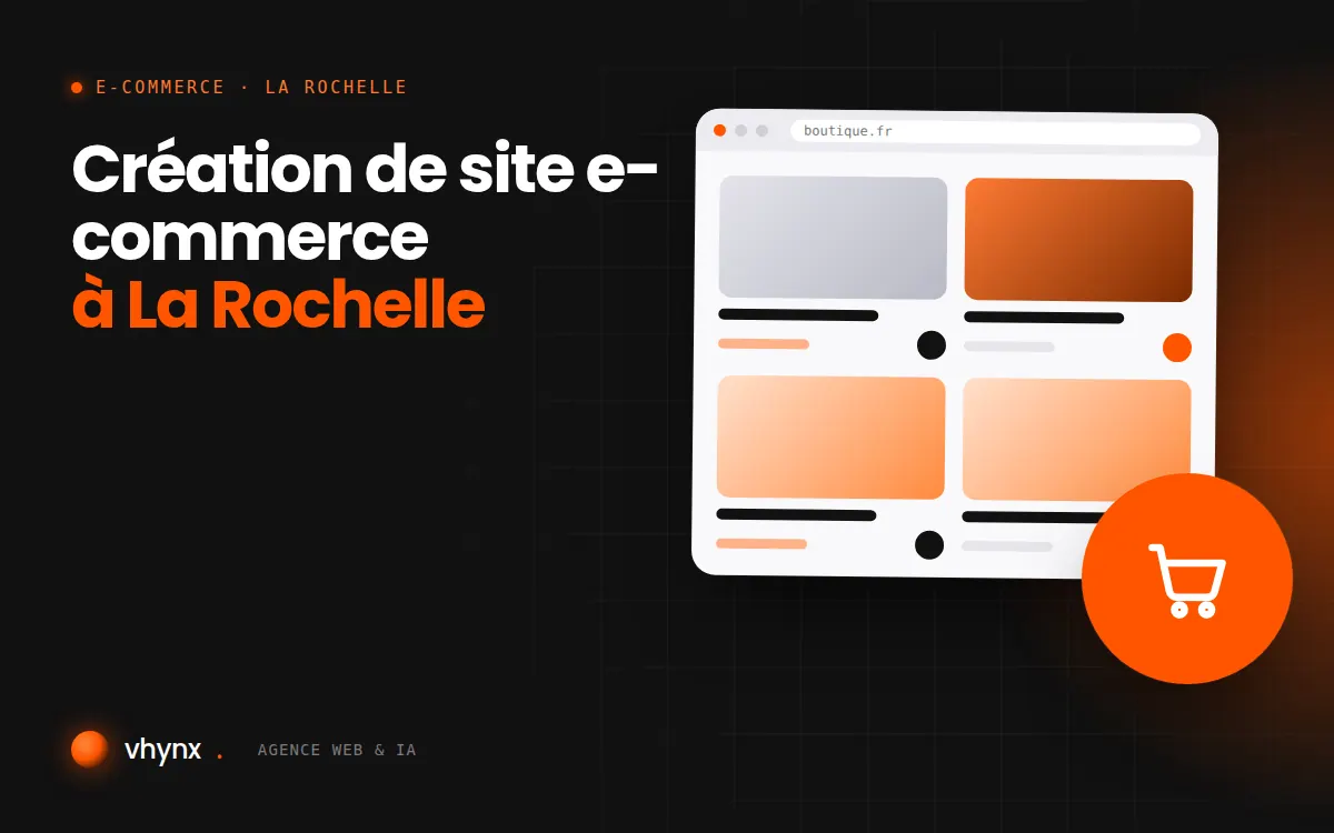 Création de site e-commerce à La Rochelle : illustration Vhynx d'une boutique en ligne avec fiches produits et panier