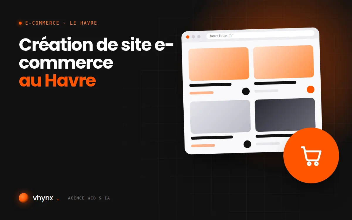 Création de site e-commerce au Havre : illustration Vhynx d'une boutique en ligne avec fiches produits et panier