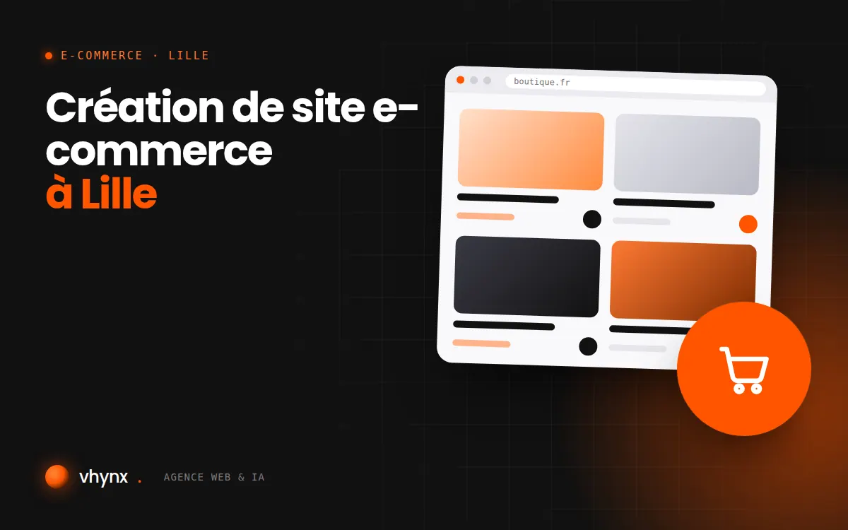 Création de site e-commerce à Lille : illustration Vhynx d'une boutique en ligne avec fiches produits et panier