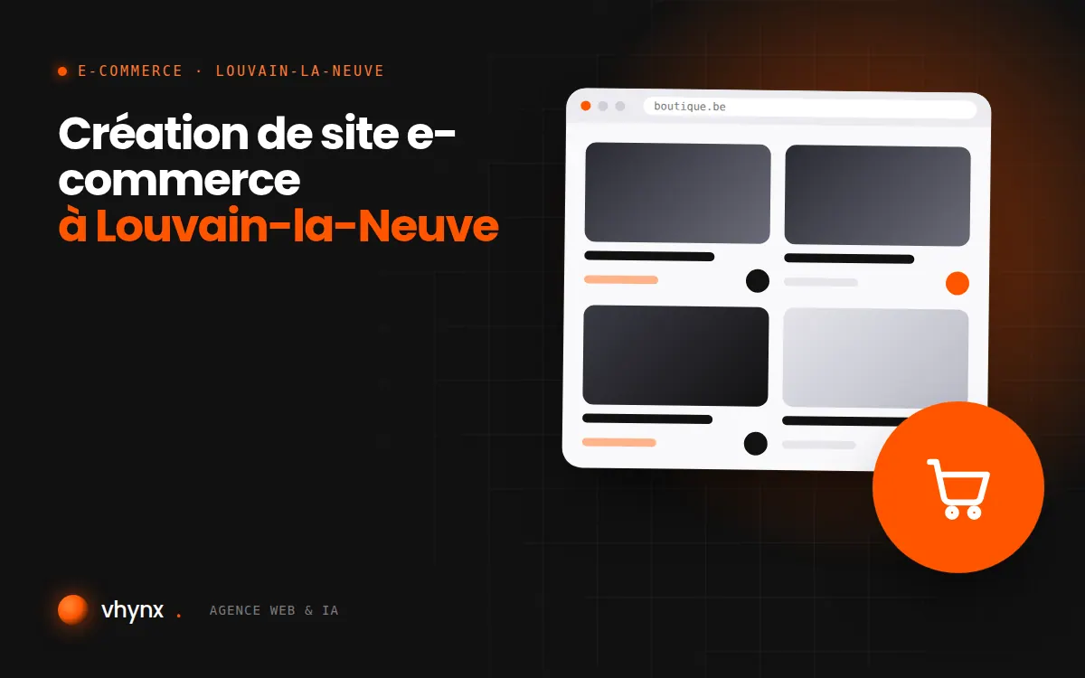 Création de site e-commerce à Louvain-la-Neuve : illustration Vhynx d'une boutique en ligne avec fiches produits et panier
