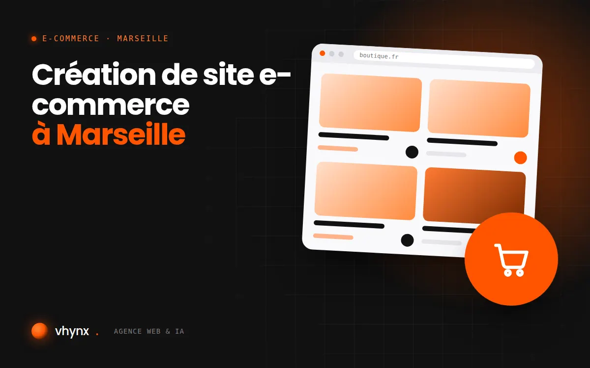 Création de site e-commerce à Marseille : illustration Vhynx d'une boutique en ligne avec fiches produits et panier