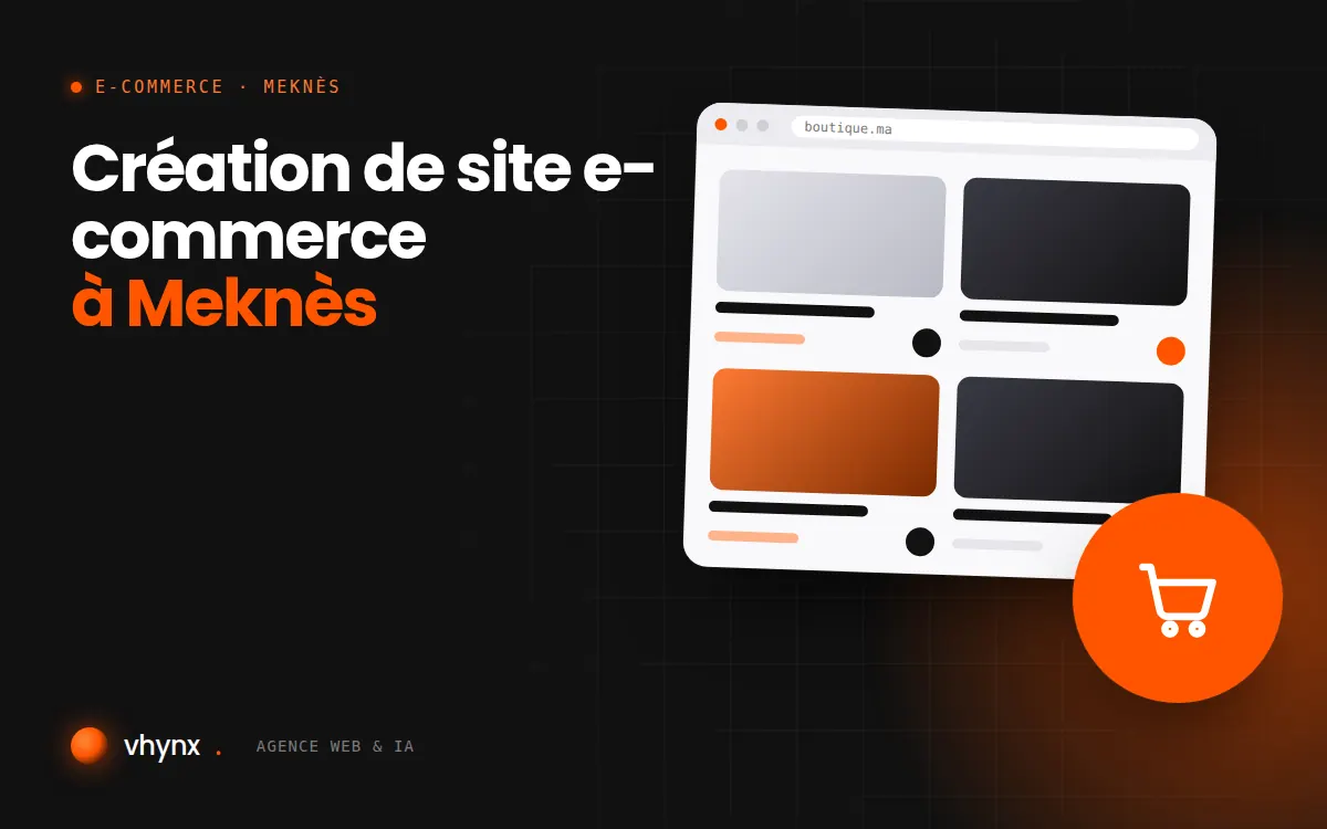 Création de site e-commerce à Meknès : illustration Vhynx d'une boutique en ligne avec fiches produits et panier