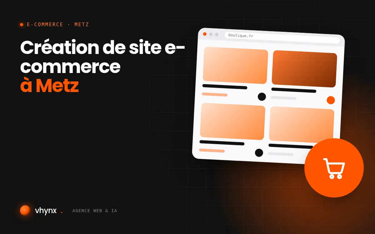 Création de site e-commerce à Metz : illustration Vhynx d'une boutique en ligne avec fiches produits et panier