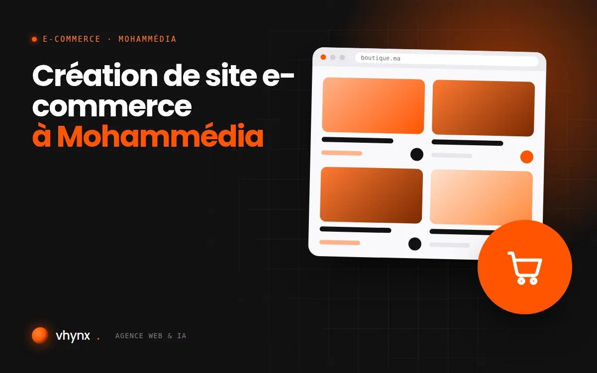 Création de site e-commerce à Mohammédia : illustration Vhynx d'une boutique en ligne avec fiches produits et panier