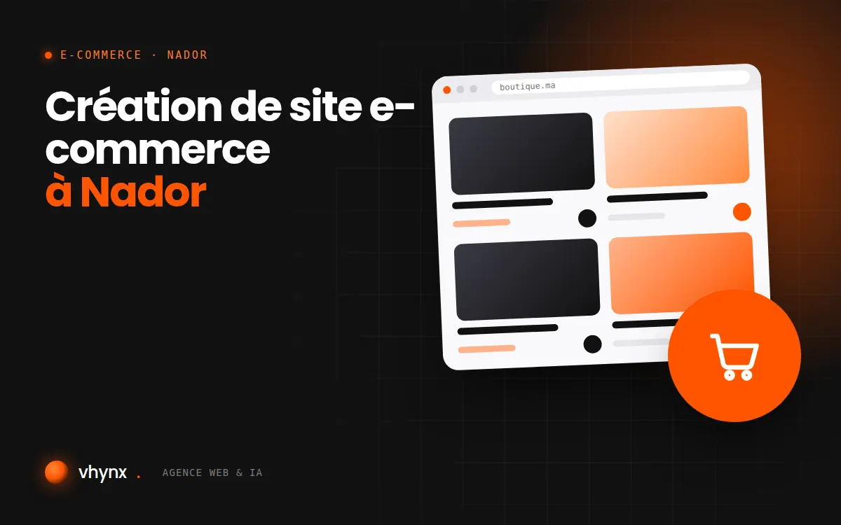 Création de site e-commerce à Nador : illustration Vhynx d'une boutique en ligne avec fiches produits et panier