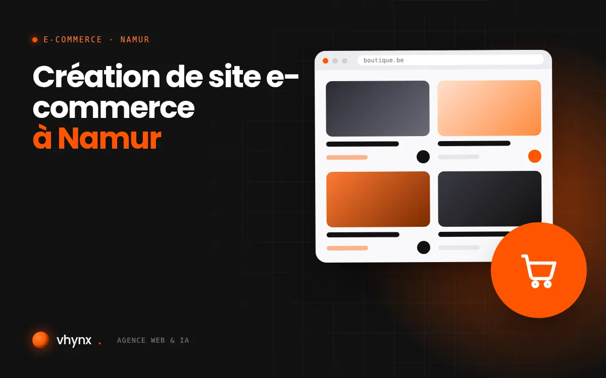 Création de site e-commerce à Namur : illustration Vhynx d'une boutique en ligne avec fiches produits et panier