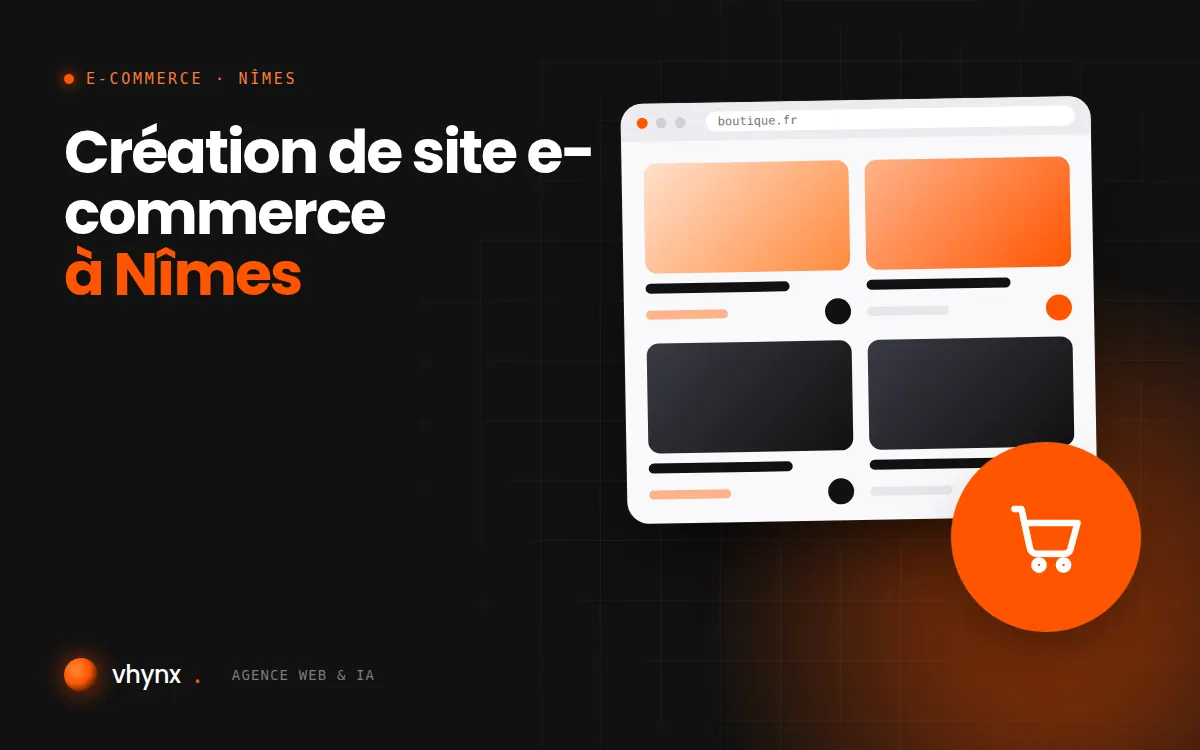 Création de site e-commerce à Nîmes : illustration Vhynx d'une boutique en ligne avec fiches produits et panier