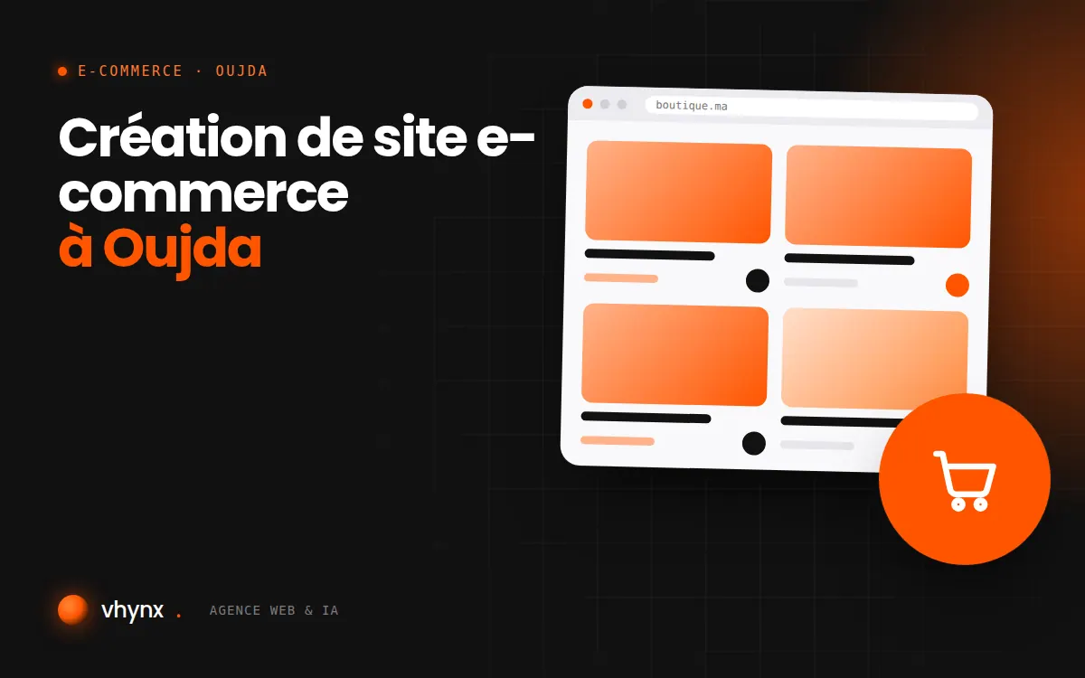 Création de site e-commerce à Oujda : illustration Vhynx d'une boutique en ligne avec fiches produits et panier