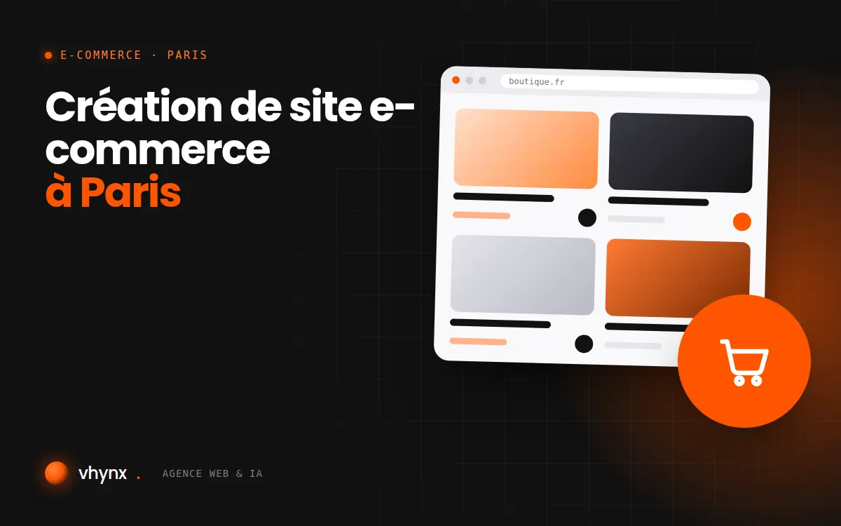 Création de site e-commerce à Paris : illustration Vhynx d'une boutique en ligne avec fiches produits et panier