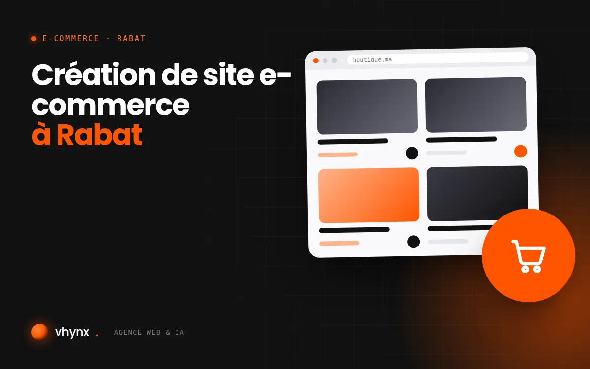 Création de site e-commerce à Rabat : illustration Vhynx d'une boutique en ligne avec fiches produits et panier