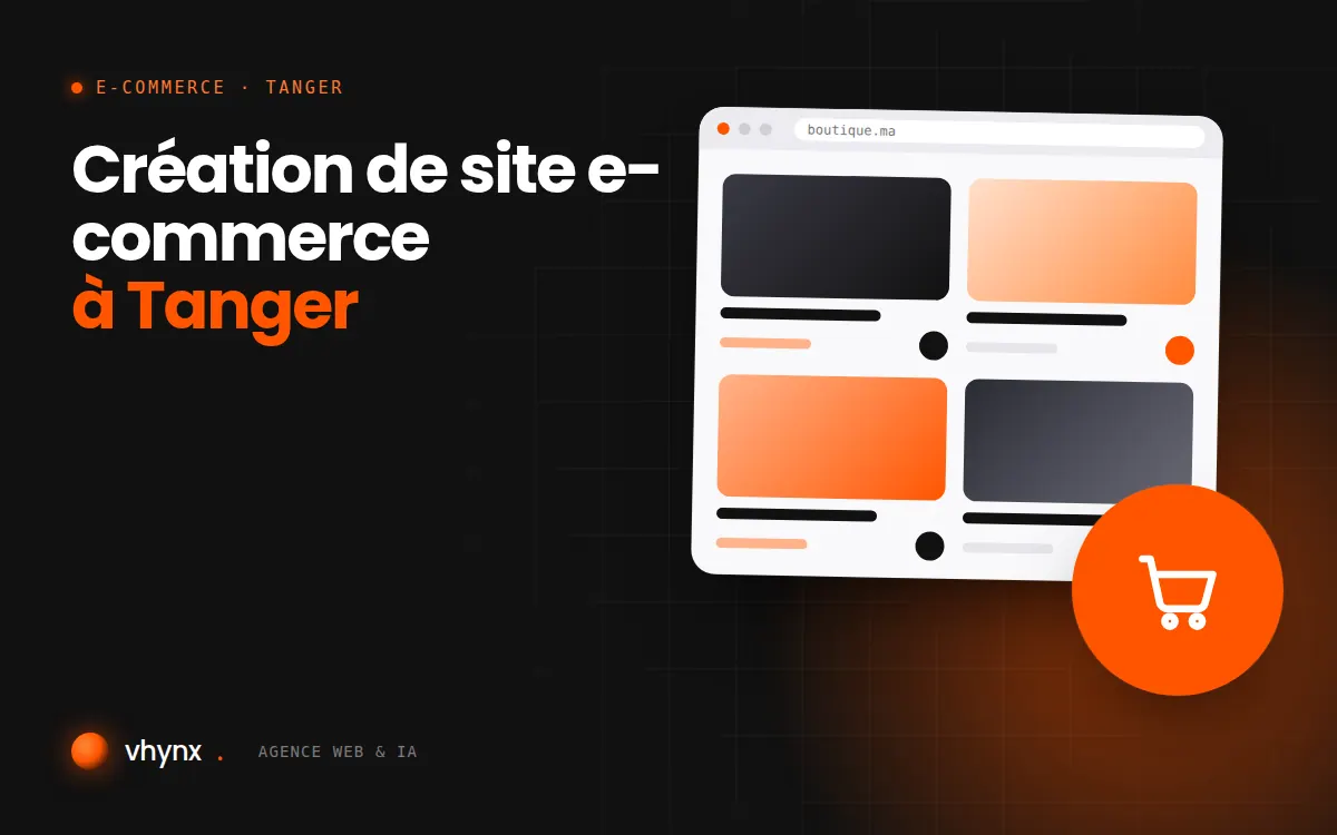 Création de site e-commerce à Tanger : illustration Vhynx d'une boutique en ligne avec fiches produits et panier