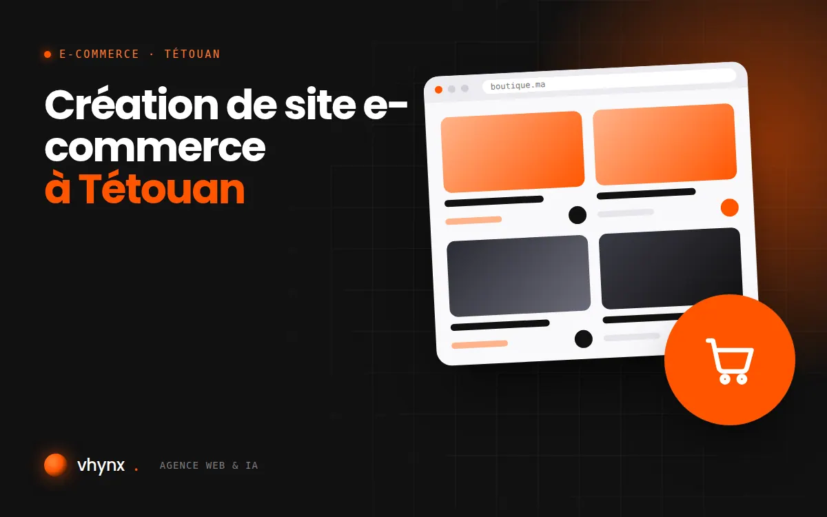 Création de site e-commerce à Tétouan : illustration Vhynx d'une boutique en ligne avec fiches produits et panier