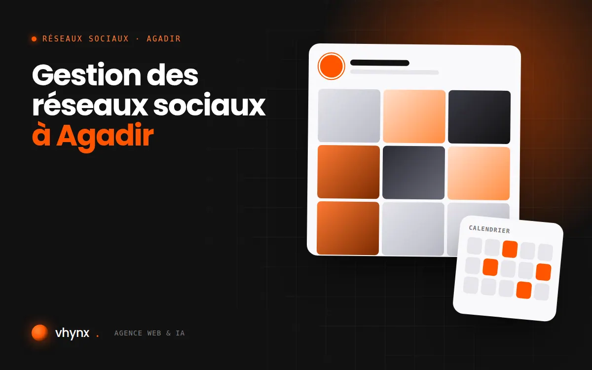 Gestion des réseaux sociaux à Agadir : illustration Vhynx d'une grille de publications et d'un calendrier éditorial
