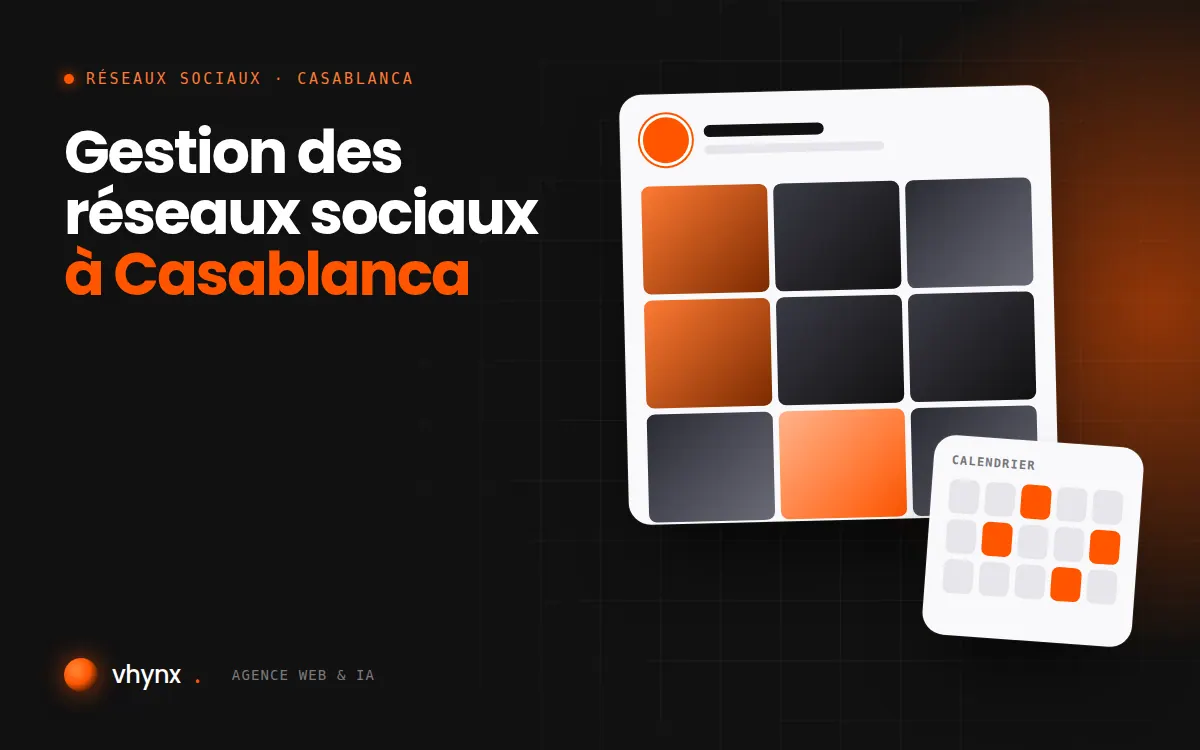Gestion des réseaux sociaux à Casablanca : illustration Vhynx d'une grille de publications et d'un calendrier éditorial