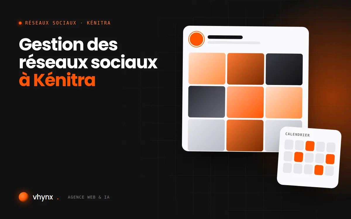Gestion des réseaux sociaux à Kénitra : illustration Vhynx d'une grille de publications et d'un calendrier éditorial
