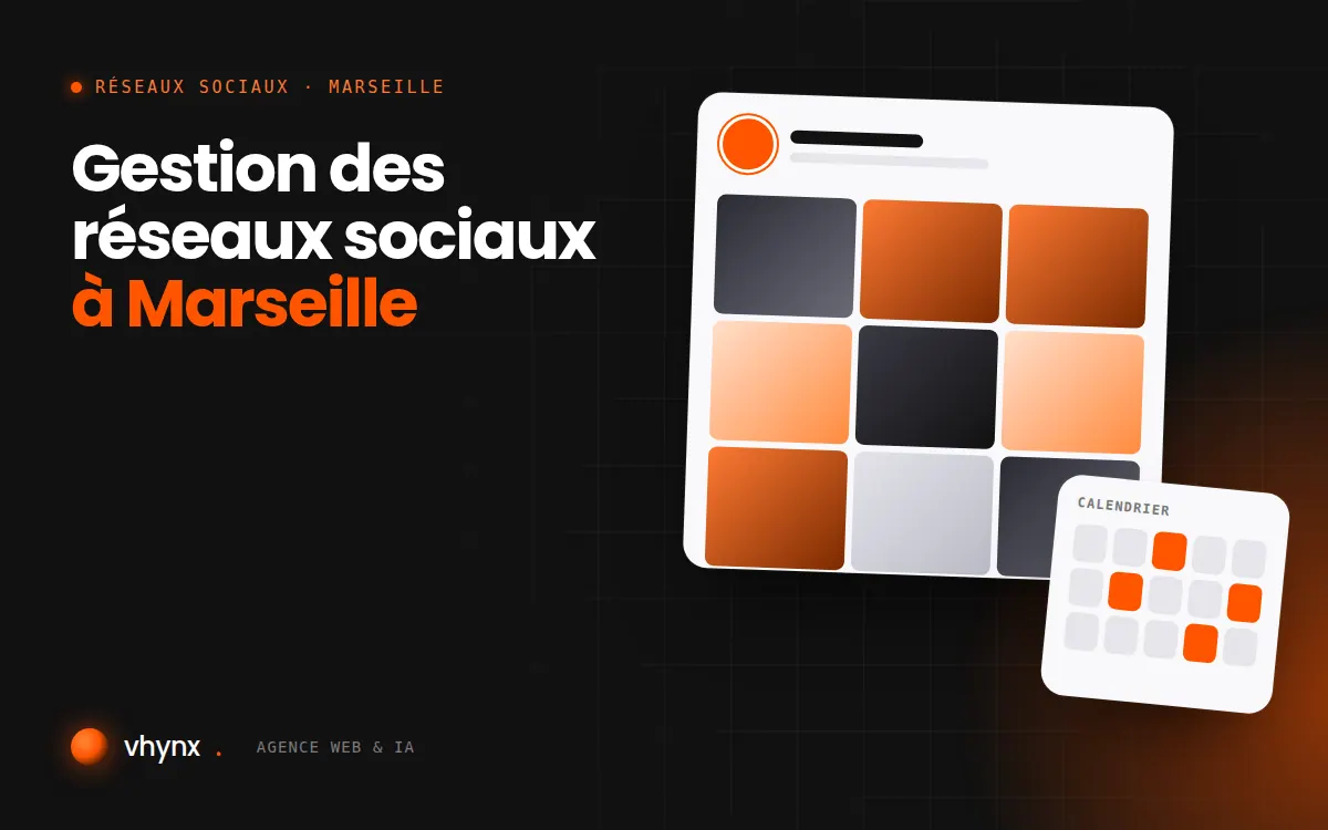 Gestion des réseaux sociaux à Marseille : illustration Vhynx d'une grille de publications et d'un calendrier éditorial