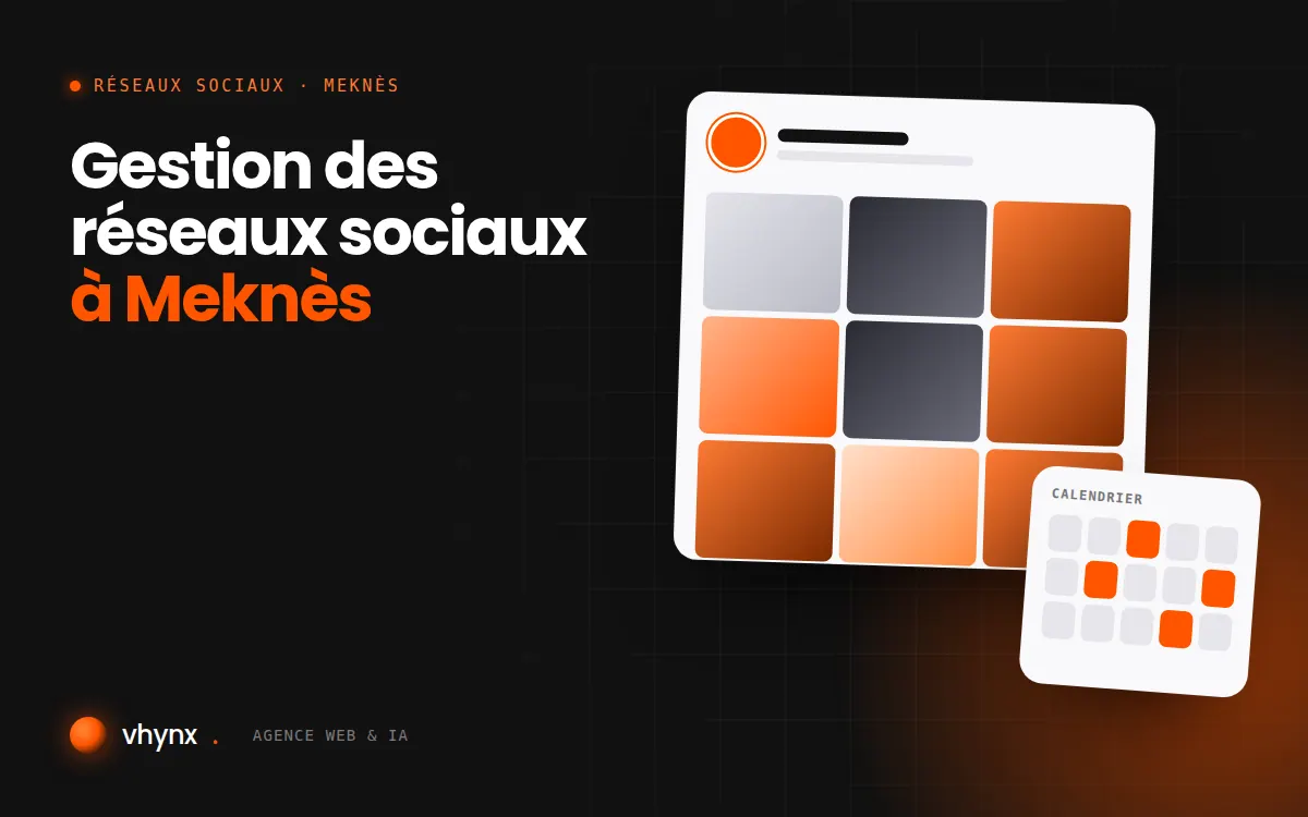 Gestion des réseaux sociaux à Meknès : illustration Vhynx d'une grille de publications et d'un calendrier éditorial