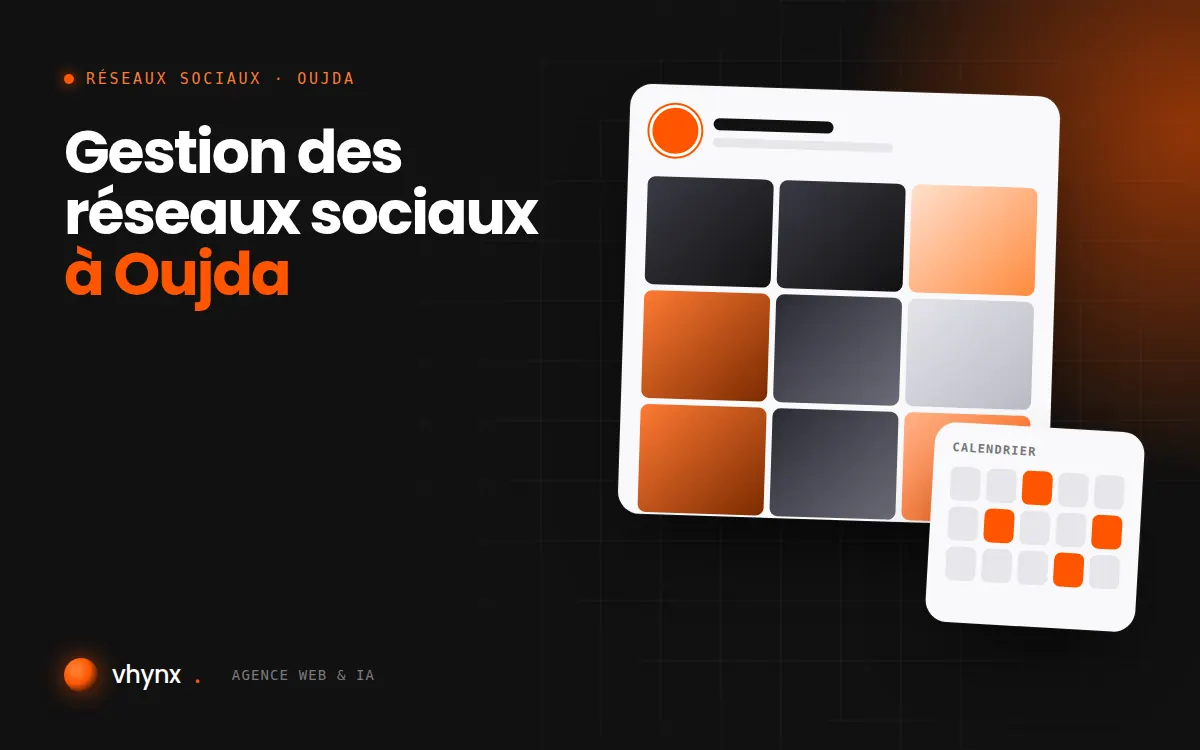 Gestion des réseaux sociaux à Oujda : illustration Vhynx d'une grille de publications et d'un calendrier éditorial