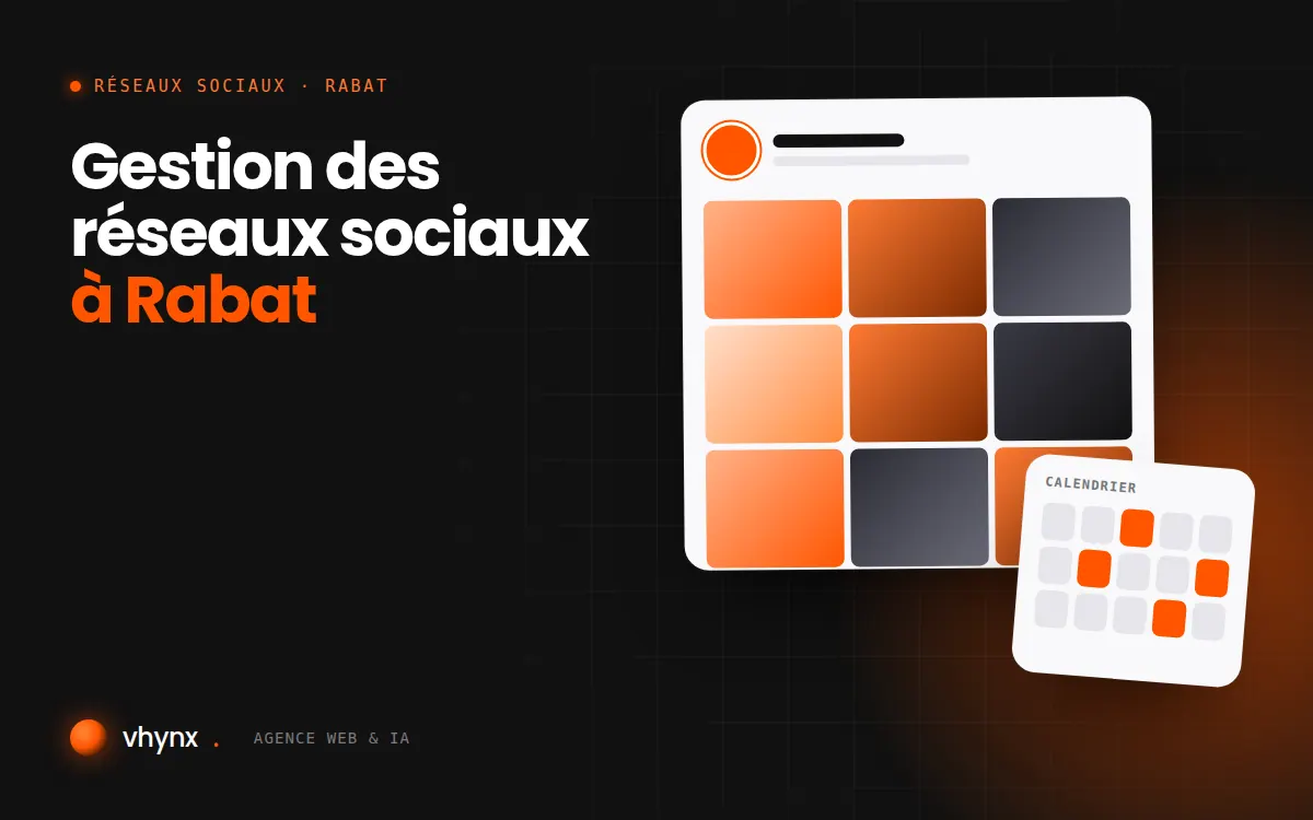 Gestion des réseaux sociaux à Rabat : illustration Vhynx d'une grille de publications et d'un calendrier éditorial